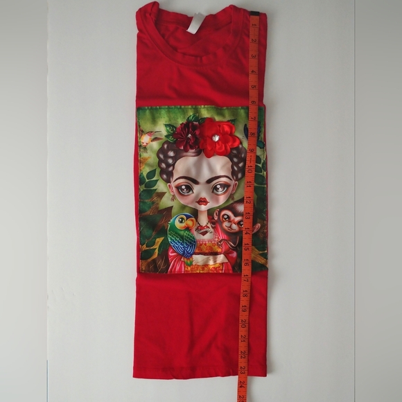 Frida Kahlo Red T-shirt Colorful Flowers Satin Parrot Monkey Butterfly - Picture 7 of 7